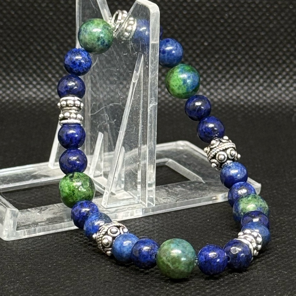 Artisan Genuine Lapis and Chrysacolla with sterling silver beads bracelet.
